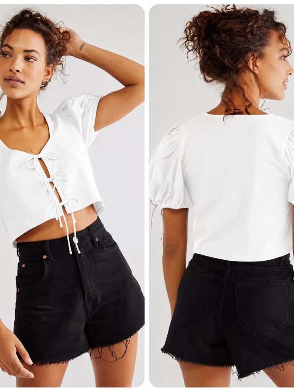 Free People White Tie-Front Puff Sleeve Crop Top